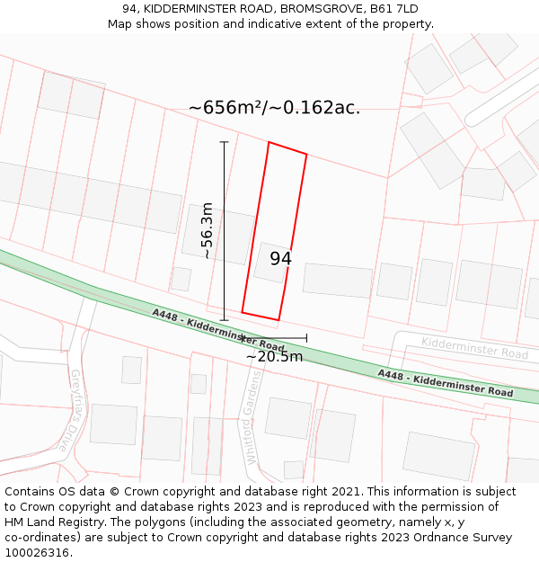 94, KIDDERMINSTER ROAD, BROMSGROVE, B61 7LD: Plot and title map