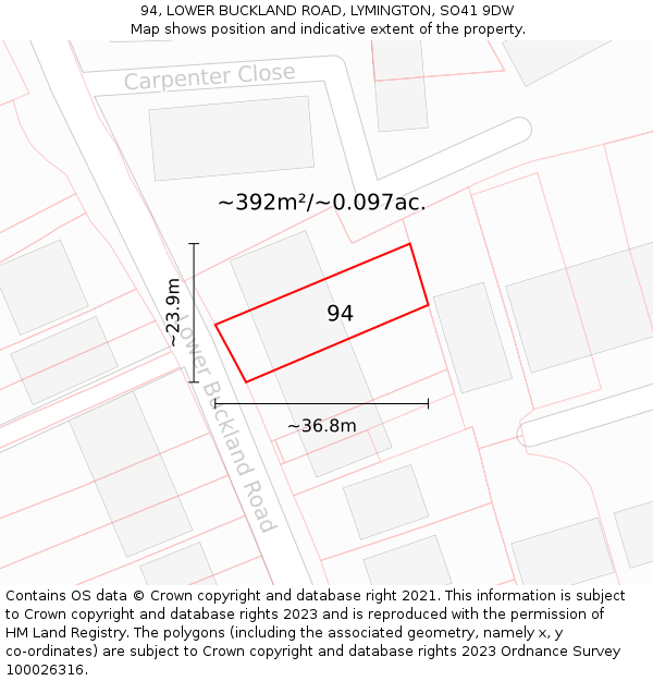 94, LOWER BUCKLAND ROAD, LYMINGTON, SO41 9DW: Plot and title map