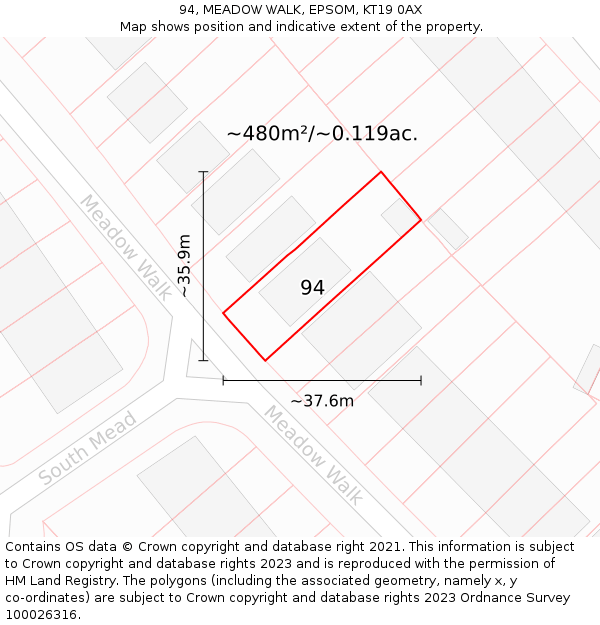 94, MEADOW WALK, EPSOM, KT19 0AX: Plot and title map