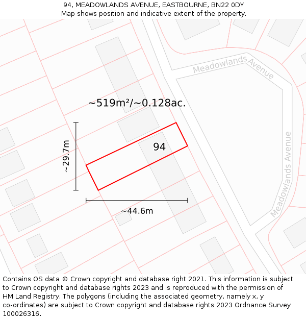 94, MEADOWLANDS AVENUE, EASTBOURNE, BN22 0DY: Plot and title map