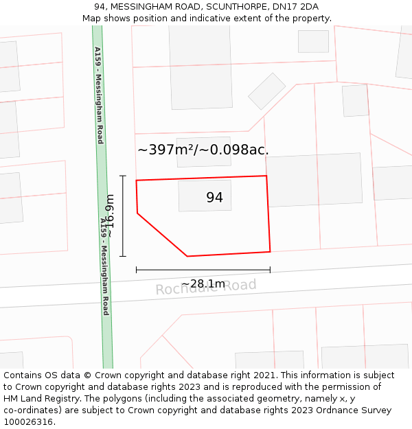 94, MESSINGHAM ROAD, SCUNTHORPE, DN17 2DA: Plot and title map