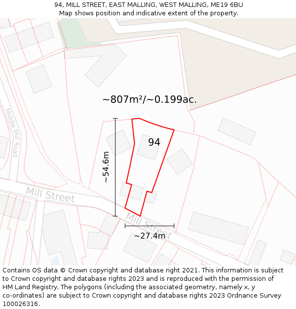 94, MILL STREET, EAST MALLING, WEST MALLING, ME19 6BU: Plot and title map