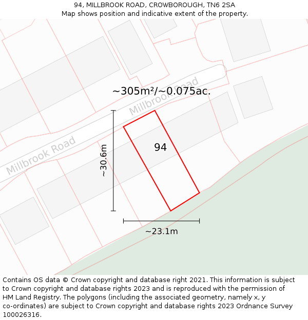 94, MILLBROOK ROAD, CROWBOROUGH, TN6 2SA: Plot and title map