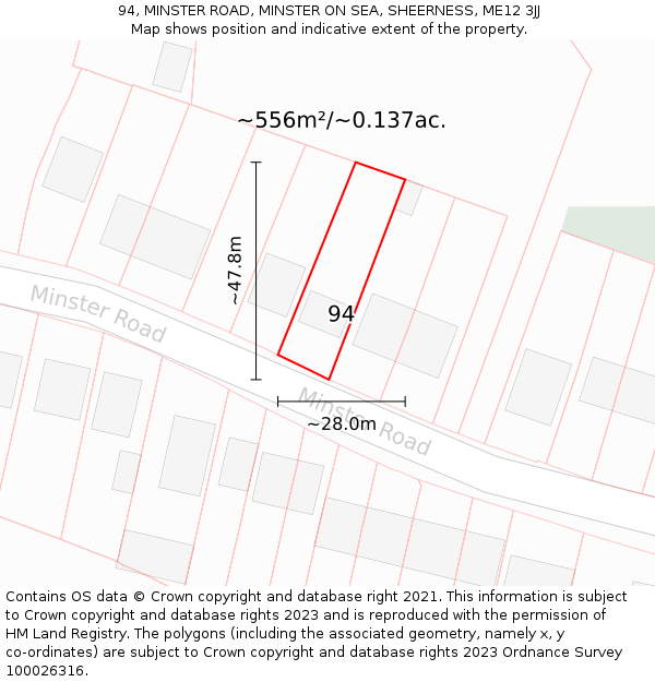 94, MINSTER ROAD, MINSTER ON SEA, SHEERNESS, ME12 3JJ: Plot and title map