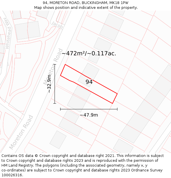 94, MORETON ROAD, BUCKINGHAM, MK18 1PW: Plot and title map