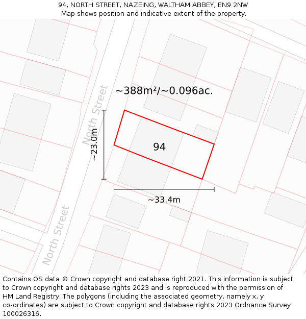 94, NORTH STREET, NAZEING, WALTHAM ABBEY, EN9 2NW: Plot and title map