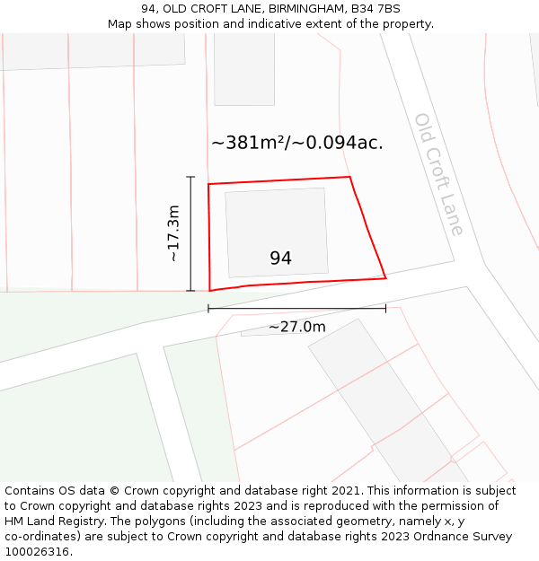 94, OLD CROFT LANE, BIRMINGHAM, B34 7BS: Plot and title map