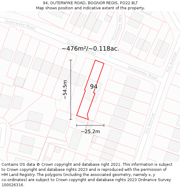 94, OUTERWYKE ROAD, BOGNOR REGIS, PO22 8LT: Plot and title map