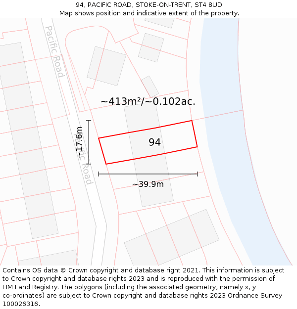 94, PACIFIC ROAD, STOKE-ON-TRENT, ST4 8UD: Plot and title map