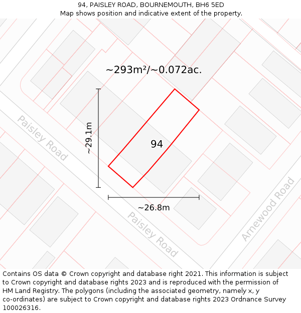 94, PAISLEY ROAD, BOURNEMOUTH, BH6 5ED: Plot and title map