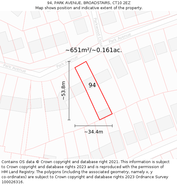 94, PARK AVENUE, BROADSTAIRS, CT10 2EZ: Plot and title map