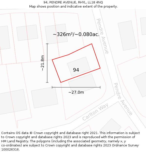 94, PENDRE AVENUE, RHYL, LL18 4NQ: Plot and title map