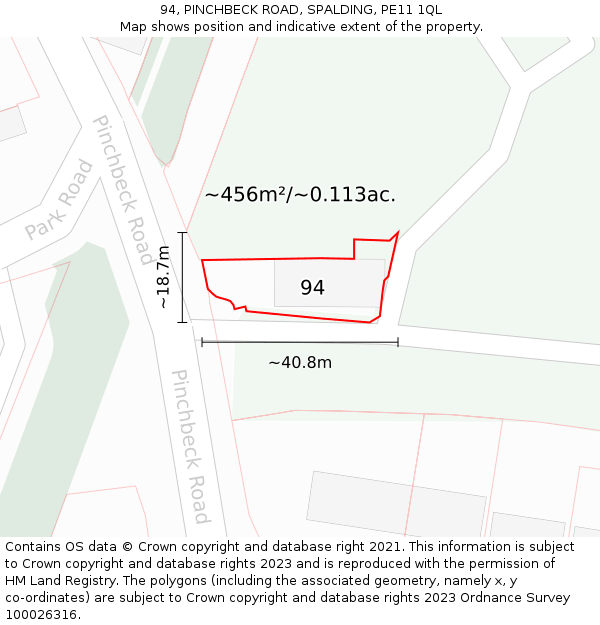 94, PINCHBECK ROAD, SPALDING, PE11 1QL: Plot and title map