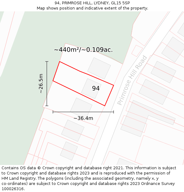 94, PRIMROSE HILL, LYDNEY, GL15 5SP: Plot and title map