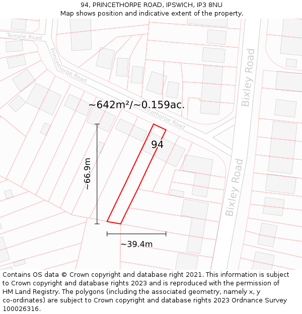 94, PRINCETHORPE ROAD, IPSWICH, IP3 8NU: Plot and title map