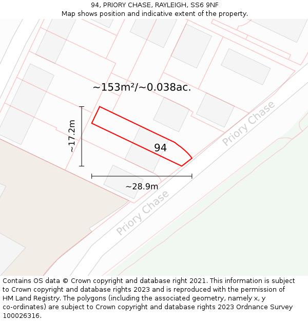 94, PRIORY CHASE, RAYLEIGH, SS6 9NF: Plot and title map