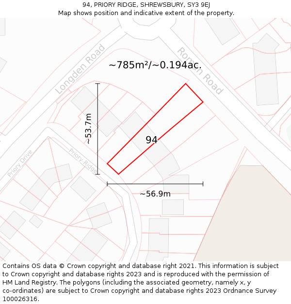 94, PRIORY RIDGE, SHREWSBURY, SY3 9EJ: Plot and title map