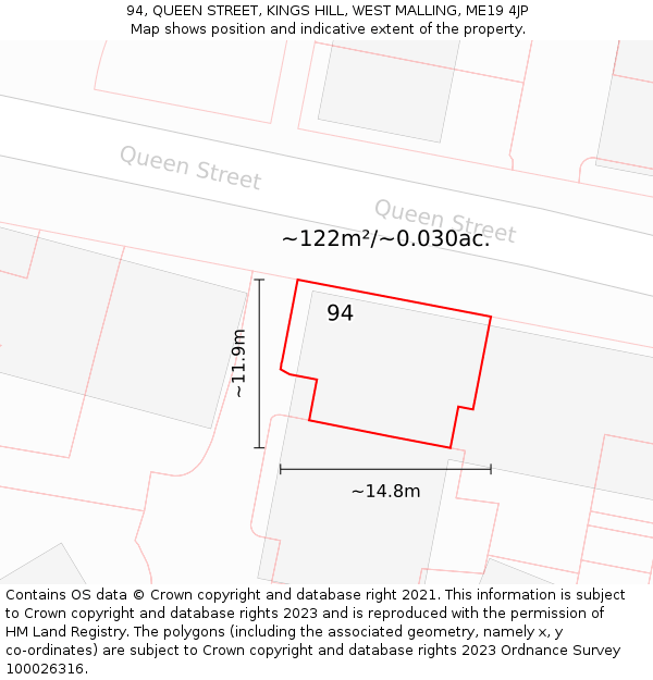 94, QUEEN STREET, KINGS HILL, WEST MALLING, ME19 4JP: Plot and title map