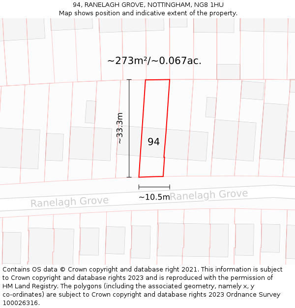 94, RANELAGH GROVE, NOTTINGHAM, NG8 1HU: Plot and title map