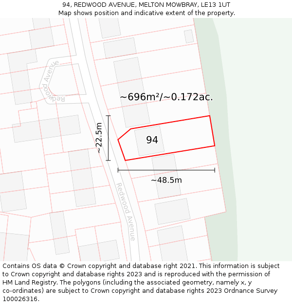 94, REDWOOD AVENUE, MELTON MOWBRAY, LE13 1UT: Plot and title map