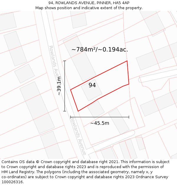 94, ROWLANDS AVENUE, PINNER, HA5 4AP: Plot and title map