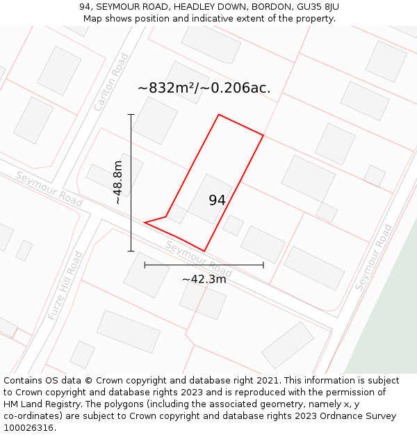 94, SEYMOUR ROAD, HEADLEY DOWN, BORDON, GU35 8JU: Plot and title map