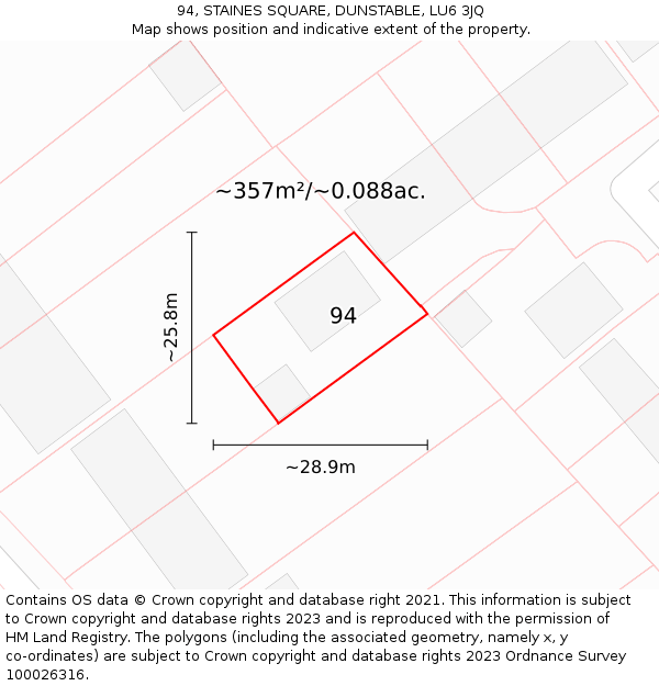 94, STAINES SQUARE, DUNSTABLE, LU6 3JQ: Plot and title map