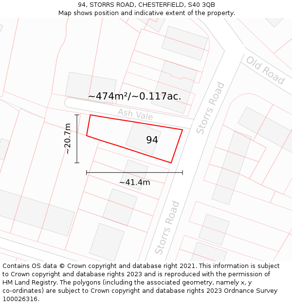 94, STORRS ROAD, CHESTERFIELD, S40 3QB: Plot and title map