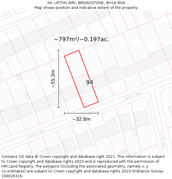 94, UPTON WAY, BROADSTONE, BH18 9NA: Plot and title map