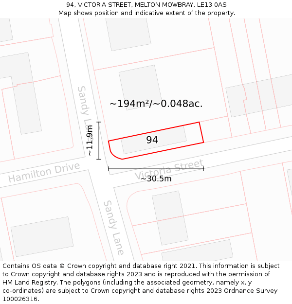 94, VICTORIA STREET, MELTON MOWBRAY, LE13 0AS: Plot and title map