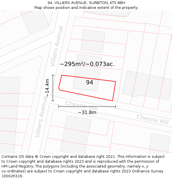 94, VILLIERS AVENUE, SURBITON, KT5 8BH: Plot and title map