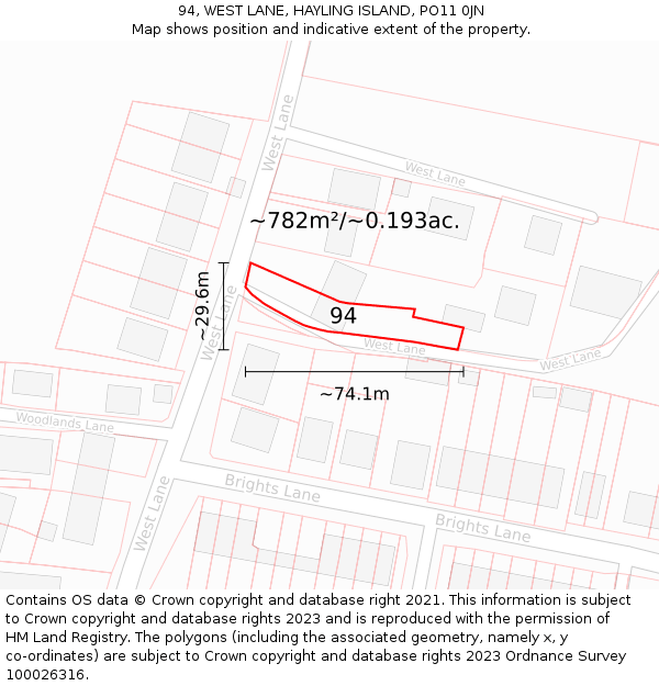 94, WEST LANE, HAYLING ISLAND, PO11 0JN: Plot and title map