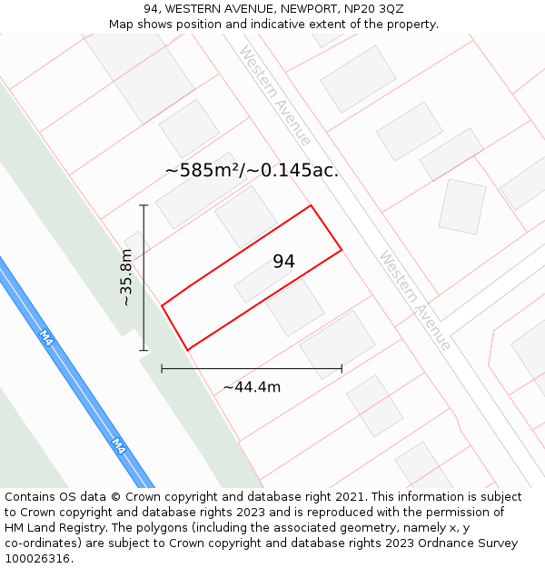 94, WESTERN AVENUE, NEWPORT, NP20 3QZ: Plot and title map