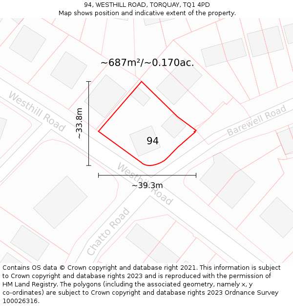 94, WESTHILL ROAD, TORQUAY, TQ1 4PD: Plot and title map