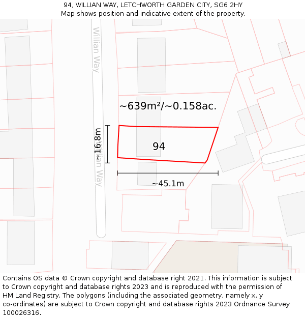 94, WILLIAN WAY, LETCHWORTH GARDEN CITY, SG6 2HY: Plot and title map