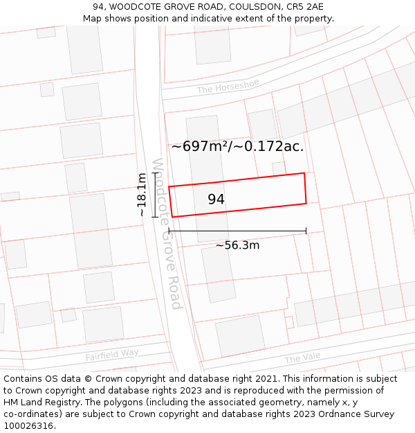 94, WOODCOTE GROVE ROAD, COULSDON, CR5 2AE: Plot and title map