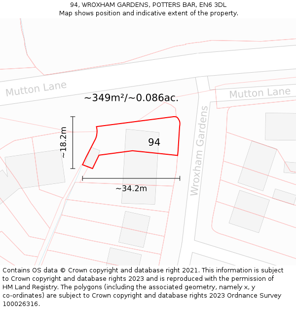 94, WROXHAM GARDENS, POTTERS BAR, EN6 3DL: Plot and title map