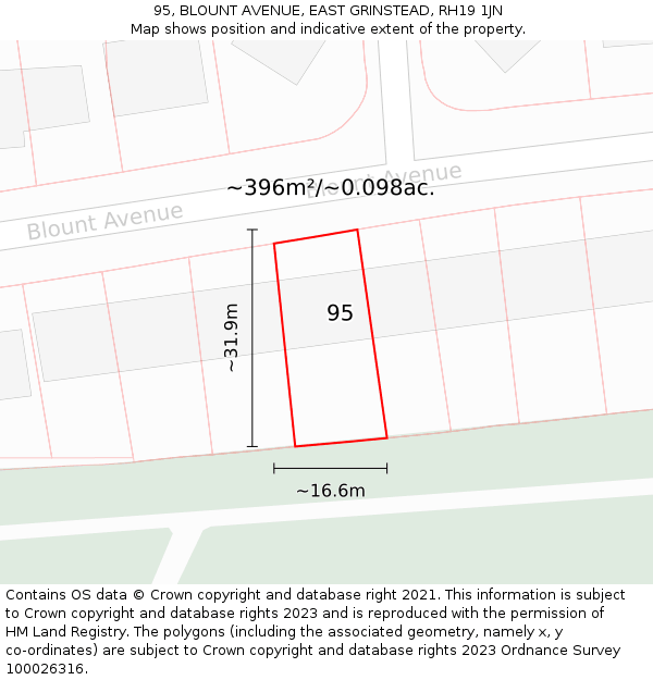 95, BLOUNT AVENUE, EAST GRINSTEAD, RH19 1JN: Plot and title map