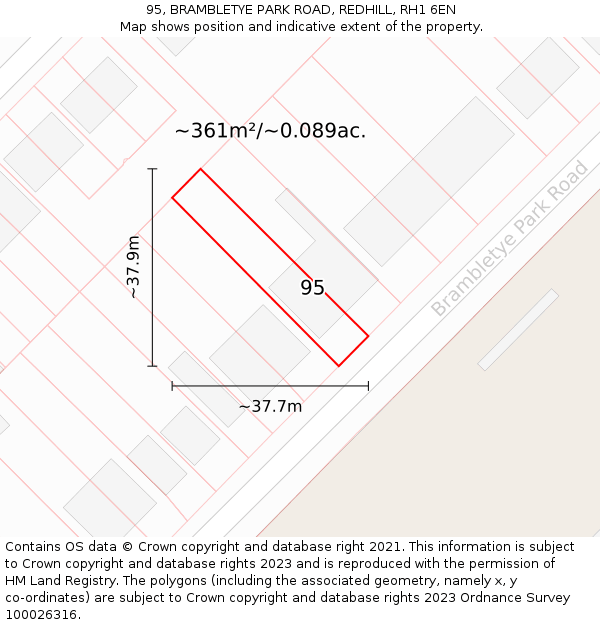 95, BRAMBLETYE PARK ROAD, REDHILL, RH1 6EN: Plot and title map