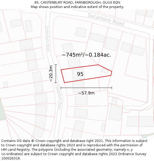 95, CANTERBURY ROAD, FARNBOROUGH, GU14 6QN: Plot and title map