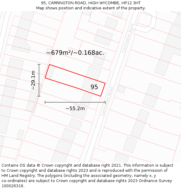 95, CARRINGTON ROAD, HIGH WYCOMBE, HP12 3HT: Plot and title map