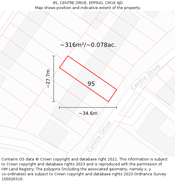 95, CENTRE DRIVE, EPPING, CM16 4JD: Plot and title map