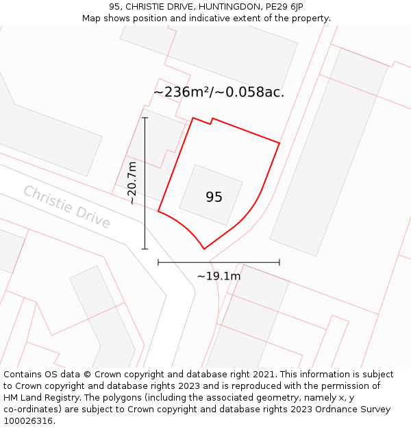 95, CHRISTIE DRIVE, HUNTINGDON, PE29 6JP: Plot and title map