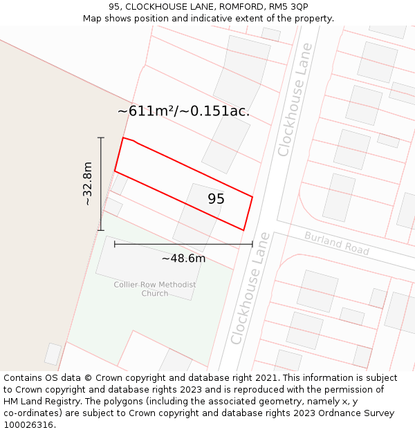 95, CLOCKHOUSE LANE, ROMFORD, RM5 3QP: Plot and title map