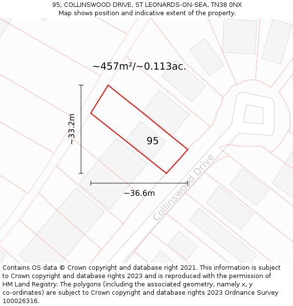 95, COLLINSWOOD DRIVE, ST LEONARDS-ON-SEA, TN38 0NX: Plot and title map