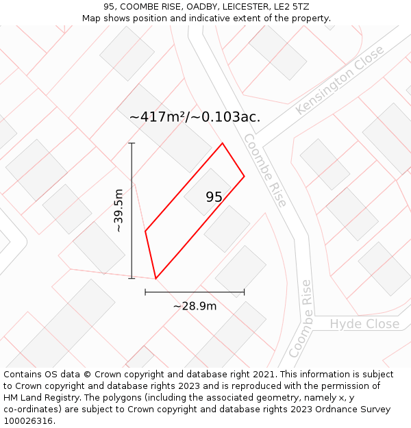 95, COOMBE RISE, OADBY, LEICESTER, LE2 5TZ: Plot and title map