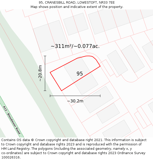 95, CRANESBILL ROAD, LOWESTOFT, NR33 7EE: Plot and title map