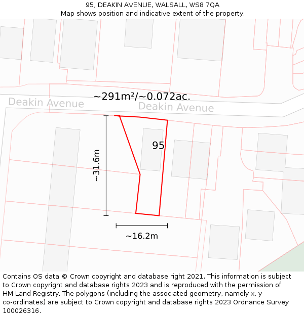 95, DEAKIN AVENUE, WALSALL, WS8 7QA: Plot and title map