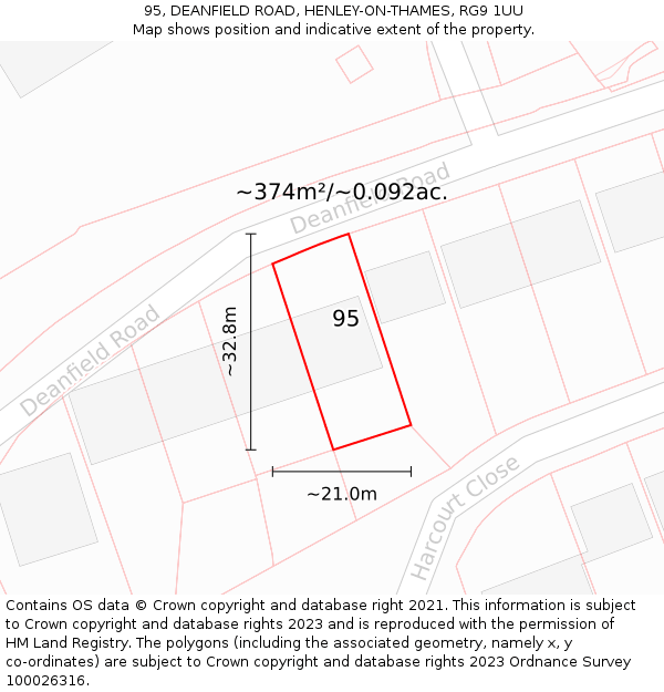 95, DEANFIELD ROAD, HENLEY-ON-THAMES, RG9 1UU: Plot and title map