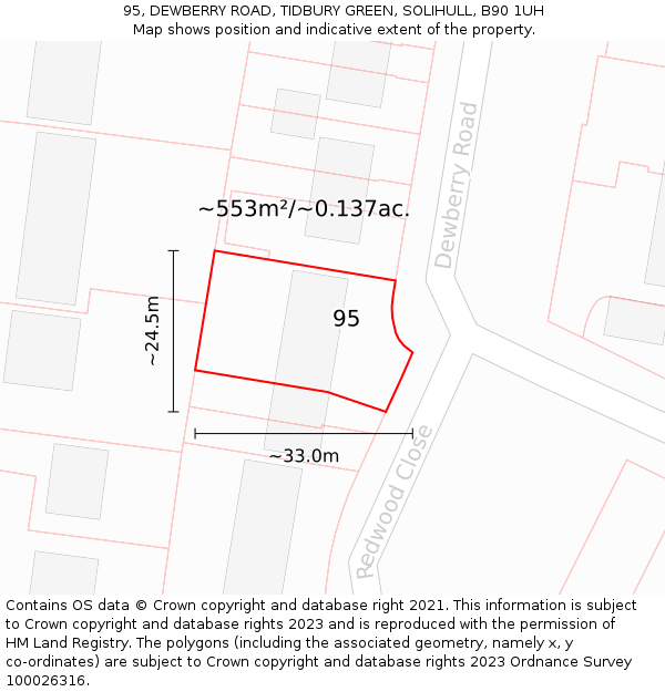 95, DEWBERRY ROAD, TIDBURY GREEN, SOLIHULL, B90 1UH: Plot and title map